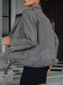 SHEIN Privé 女士粗花呢夹克 2024 秋冬装休闲拉链宽松外套飞行员夹克机车夹克外套 - 灰色 - 查看 3