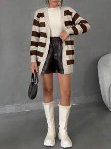 EURMUSE Women Stripe Pattern Hairy Yarn Open Front Cardigan - Multicolor - View 2