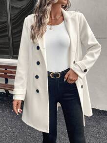SHEIN LUNE LUNE Women's Slim Fit Double-Breasted Lapel Long Sleeve Overcoat - White - View 1