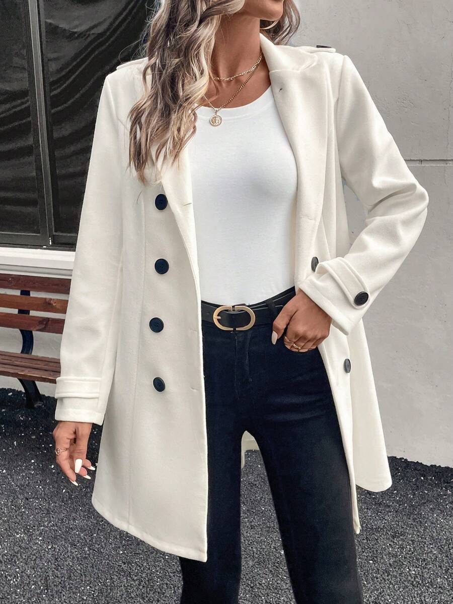 SHEIN LUNE LUNE Women's Slim Fit Double-Breasted Lapel Long Sleeve Overcoat - White - View 1