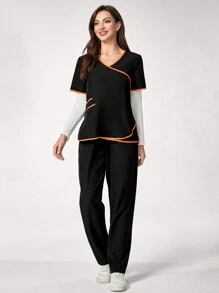 TaskEZ 2pcs Women Uniform Scrub Set: V-Neck Short Sleeve Top And Pants