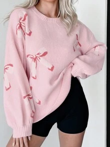 女士情人节休闲蝴蝶图案圆领落肩毛衣，秋冬季，长袖新年上衣粉色