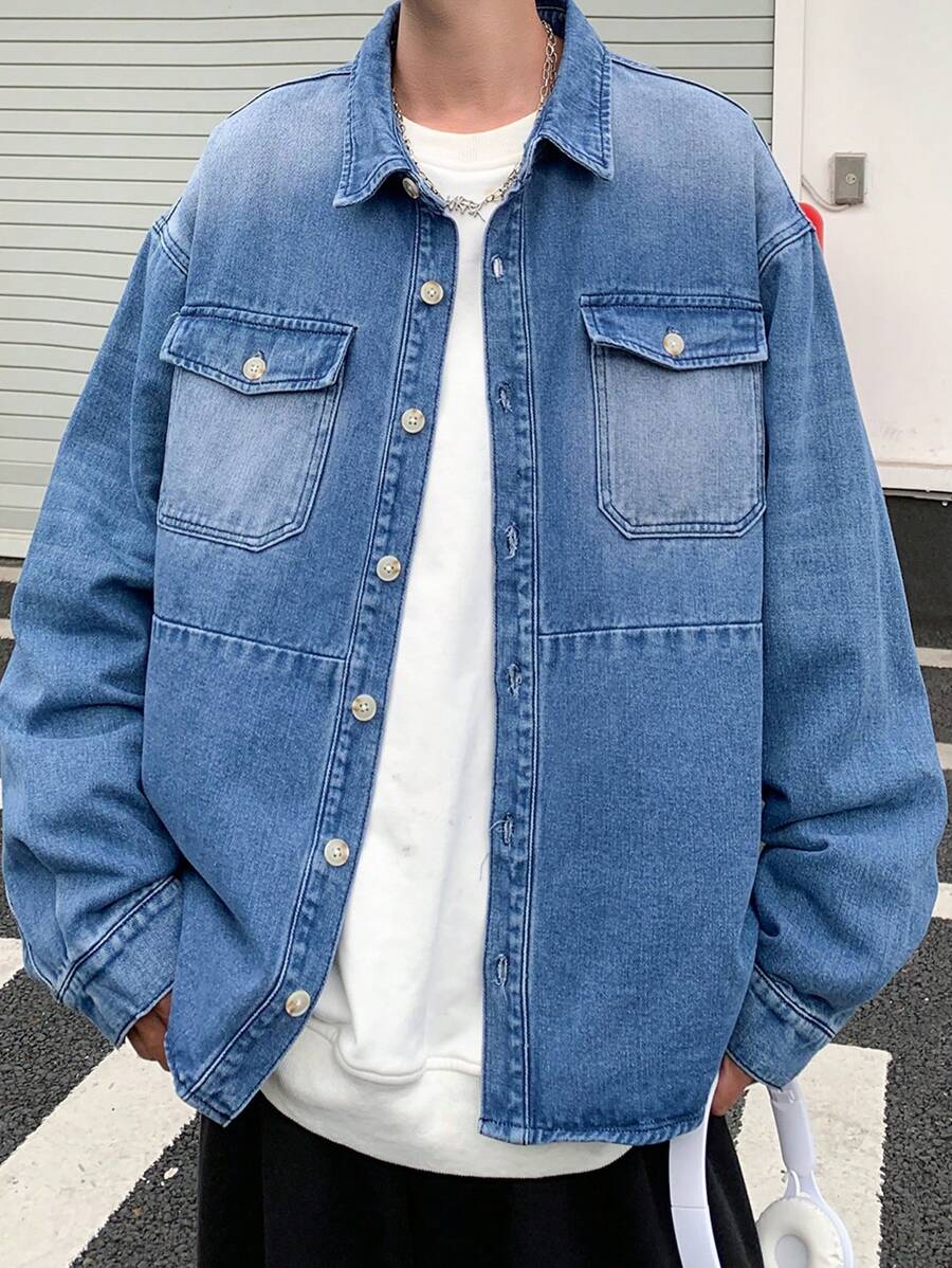 Claim Dot Men's Blue Loose Fit Drop Shoulder Casual Basic Plain Long Sleeve Button Up Denim Shirt, For Vacation