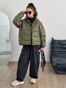 SHEIN Teen Girl Open Front Solid Casual Hoodie With Pockets, Warm Thick Outerwear - Army Green - View 5