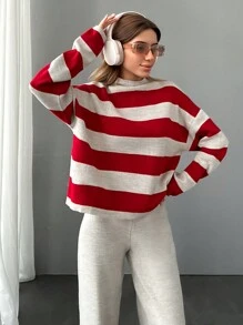 EURMUSE Women Stripe Pattern Mock Neck Pullover & Sweater Pants Set - Multicolor - View 3