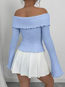 Elenzga 优雅荷叶边露肩针织修身毛衣，适合分层穿着 - 淺藍色 - 查看 2