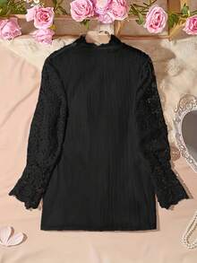 大尺碼女式立領襯衫,帶蕾絲拼接及燈籠袖 - 黑色 - 查看 2