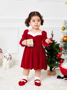 SHEIN Vestido de manga larga de terciopelo rojo elegante y lindo para bebé niña en otoño/invierno, conjunto a juego de mamá e hija para Navidad (2 piezas se venden por separado) - Rojo - Ver 5