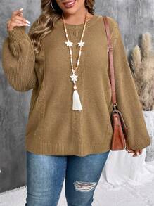 EMERY ROSE Suéter de mujer talla grande grande de color amarillo marrón con patrón de punto de cable holgado y suelto, ropa de mujer occidental, ropa de invierno - Marrón - Ver 4