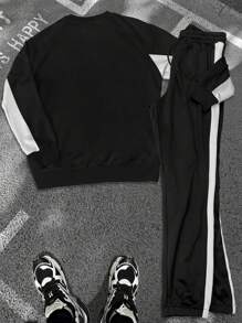 Manfinity LEGND 2 piezas Chándal casual de talla grande para hombres con sudadera de cuello redondo con estampado de letras en contraste y pantalón de chándal con bolsillo con cordón