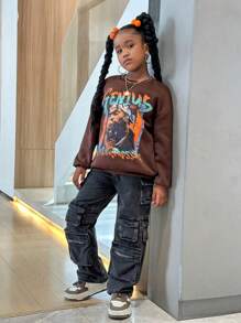 SHEIN 少女街头风休闲针织人像印花宽松长袖卫衣，母女装（2 件单独出售） - 黑色 - 查看 5