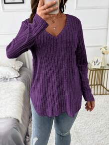 Plus Size Plain V-Neck Ribbed Long Sleeve T-Shirt Fall Cloth For Women - Purple - View 7