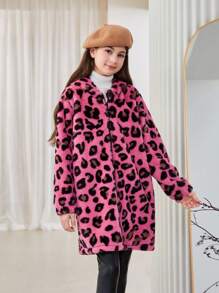 SHEIN Tween Girls Fuchsia Pink Hooded Fluffy Leopard Print Mid-Length Jacket