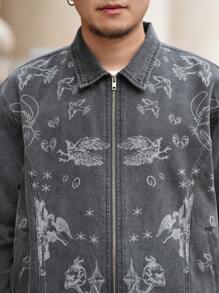 Manfinity EMRG 2 piezas/Set Chaqueta vaquera de manga larga con estampado de calavera y pantalones vaqueros conjunto informal talla grande para hombre, primavera y otoño