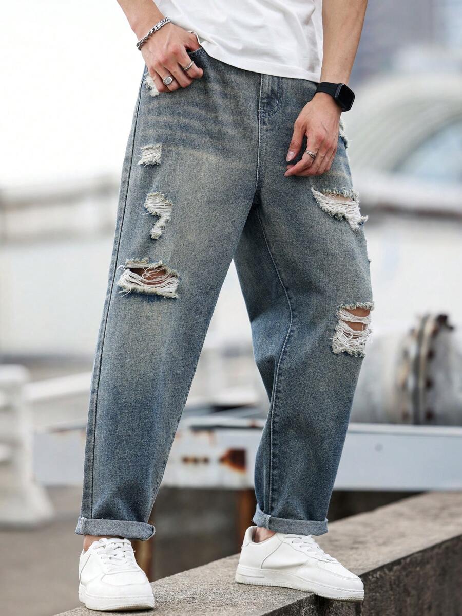 Manfinity LEGND Men's Loose Fit Distressed Washed Baggy Jeans, Casual Everyday - Medium Wash - View 1