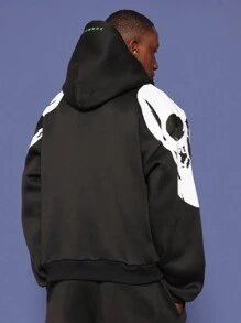 SUMWON Artistic Skull Sleeve Pattern Pullover Hoodie Casual Athletic Streetwear Fall Winter Essential Loungewear Relaxed Fashion Statement - Black - View 2