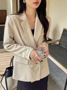 DAZY Solid Color Textured Loose Fit Women Blazer,Fall Clothes Business Attire - Beige - View 9