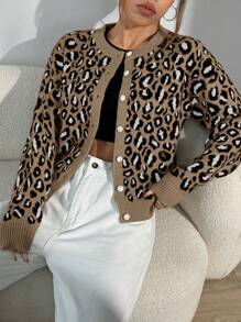 SHEIN Unity Áo khoác cardigan dài tay họa tiết da báo hở vai thường ngày cho nữ - Nhiều màu - Xem 1