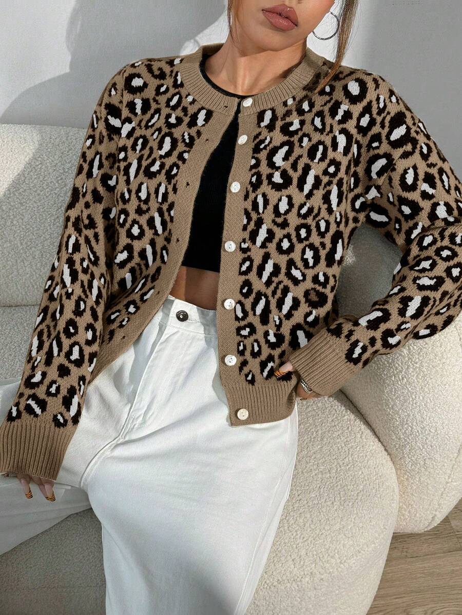 SHEIN Unity Áo khoác cardigan dài tay họa tiết da báo hở vai thường ngày cho nữ - Nhiều màu - Xem 1