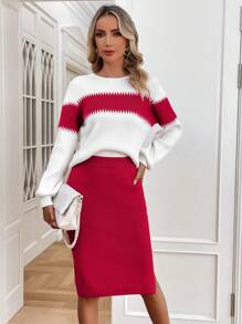 SHEIN Clasi 2pcs Women's Simple Crew Neck Long Sleeve Solid Color Patchwork Blouse And Skirt Casual Set