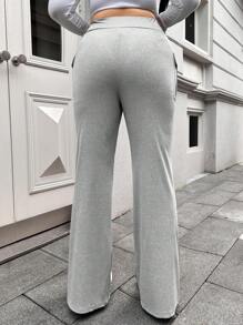 SHEIN EZwear Plus Size Women's Solid Color Pocket & Letter Print Simple Casual Pants