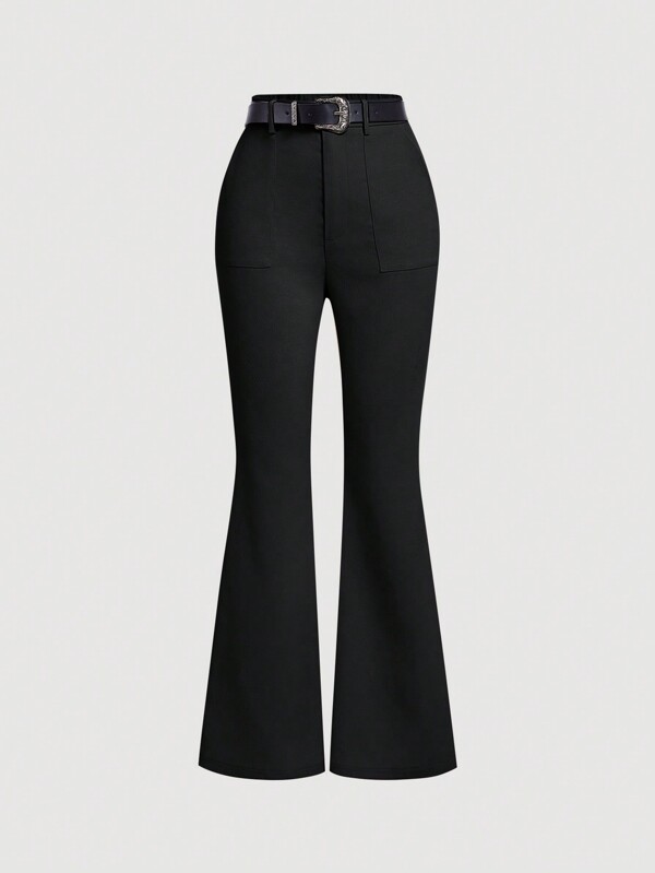 SHEIN MOD Black Color Vintage Style Women's Flared Western Trousers With Leather Belt Boho Flare Leggings Concert Women Outfit Old Money Style