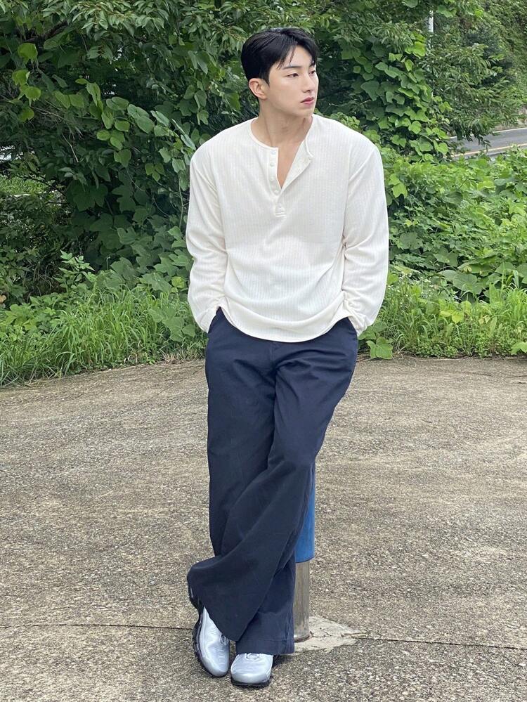 Long-Sleeve Half-Placket Plain Casual T-Shirt For Men, Autumn, Fall