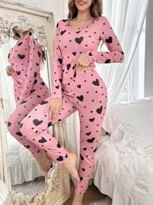Conjunto de pijama de manga larga con estampado de corazón acanalado, ropa de otoño e invierno - Rosa - Ver 6