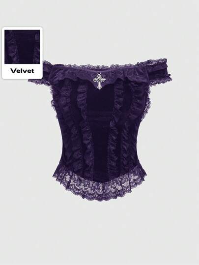 Goth Blusa con scollo a spalle scoperte in velluto con inserti in pizzo a motivo croce nello stile gotico per donne