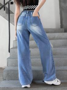 Teenage Girls' Casual Ripped Washed Straight Leg Jeans - Medium Wash - View 2