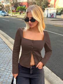 Forever 21 夏季、秋季和冬季女装红色长袖/万圣节女装/可爱/早午餐/修身/下摆宽松/返校节/开学季/纯色/方领商务休闲亚麻约会之夜上衣，基础款单身派对秋季婚礼宾客衬衫 - 棕色 - 查看 1