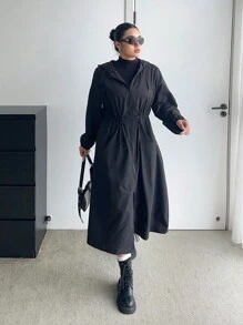 Sunspun Áo khoác dài tay cỡ lớn có mũ trùm đầu phía trước, dây rút ở eo - màu đen - Xem 2