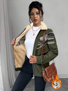 Chiquease Green Striped Fuzzy Lined Jacket For Women, Commute & Casual, Thick Sherpa Lining, Zipper, Lapel Collar, Autumn/Winter 2024