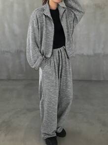 FRIFUL 2pcs Women's Striped Loose Drop Shoulder High Collar Zip Jacket And Drawstring Waist Casual Long Pants Set - Grey - View 6