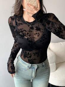 DAZY Women's Fitted Sheer Lace Crew Neck Pullover Top Going Out Tops Long Sleeve Women Tops,Fall Women Clothes