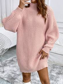 Chiquease 纯色高领长袖简约短款休闲毛衣连衣裙 - 粉色 - 查看 4