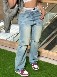 Women's Asymmetrical Waistband Distressed Denim Jeans - Light Wash - View 3
