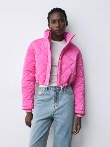 Maija 女士冬季时尚纯色菱形绗缝立领短款棉服外套 - 粉色 - 查看 1