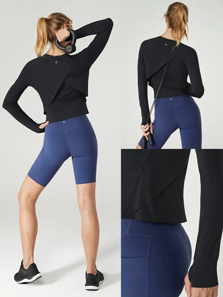 Maglietta da corsa a maniche lunghe con fori per i pollici, ad asciugatura rapida e tocco fresco, con scollo a goccia