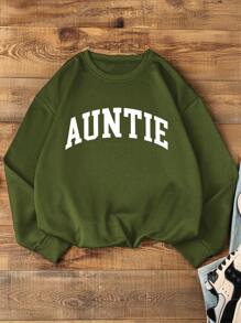 SHEIN LUNE 阿姨印花字母纯色女式休闲圆领运动衫，秋冬，长袖上衣 - 橄欖綠 - 查看 3