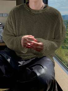 DAZY Áo len dài tay cổ tròn khoét rỗng màu trơn cho nam, mùa xuân/hè - xanh quân đội - Xem 3