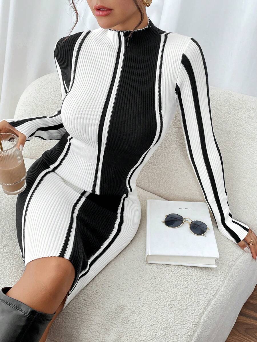 SHEIN Clasi Váy len cổ bẻ họa tiết sọc cho nữ công sở thường ngày, trang phục công sở, váy dự tiệc cưới mùa thu, - Đen và trắng - Xem 1