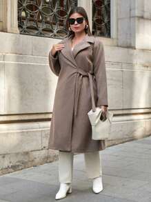 SHEIN Cottnline معطف طويل مزدوج الصدر مربوط الخصر للنساء ذوات الحجم الكبير - بيج - مشاهدة 5