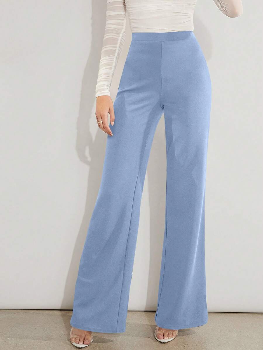 SHEIN Clasi 女士纯色直筒梭织裤，日常休闲装 - 淺藍色 - 查看 1