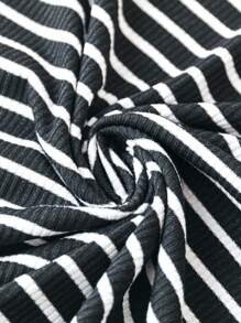 SHEIN LUNE 秋季女装大码女装套装圆领条纹印花无袖上衣和纯色长袖夹克两件套机场女士服装秋装服装套装上衣和裙子套装旅游装机场度假装 - 黑與白 - 查看 4