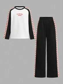 Tween Girls' Round Neck Long Sleeve Sweatshirt & Pants Set, Heart Ribbon Decor, Campus Fashion, Sporty Vintage , Outdoor Street Casual, Breathable Comfortable Commute, Running Cycling Two Pieces Set, Round Neck Sweatshirt & Pants, Thick Pants, Autumn/Winter, Heart Stripe, Lovely Day Forever, White Patchwork Black, Sportswear, Yoga, Fitness, Badminton, Tennis, Baseball, Football, Outdoor