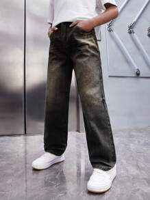 SHEIN Tween Boys' Casual Vintage Washed Loose Straight Leg Blue Jeans For Spring And Summer - Black - View 5