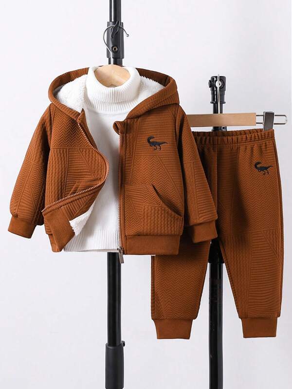 Baby Boys Dinosaur Embroidered Fleece Hooded Jacket & Elastic Cuff Pants 2 Pieces Winter Outfit
