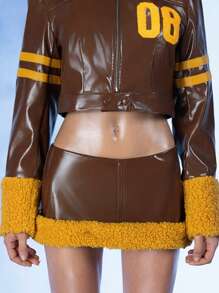 FREAK CITY Designer Women Fluffy PU Leather Moto Mini Skirt Sexy Street Brown Skirt, For Holiday, Party, Vacation, Spring, Beach, Festival, Ibiza Fits - Brown - View 4