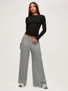 SHEIN BASICS 女士休闲针织条纹宽松阔腿全长裤
